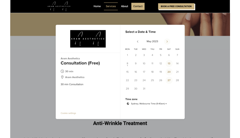 Calendar overlaying a cosmetics website for easy bookings